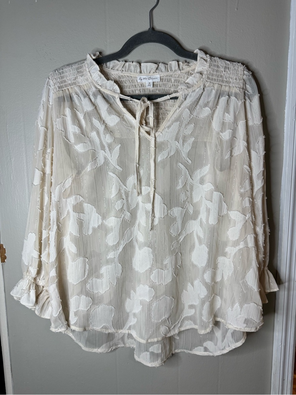 By The River Beige Sheer Jacquard Fabric Blouse Boho Cottagecore Size Medium